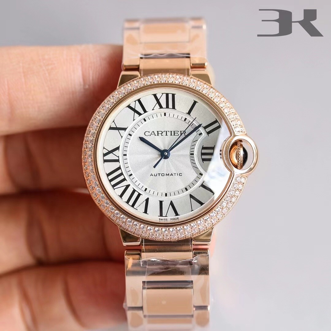 Cartier Ballon Bleu 33mm Rose Gold Diamond Leather Strap